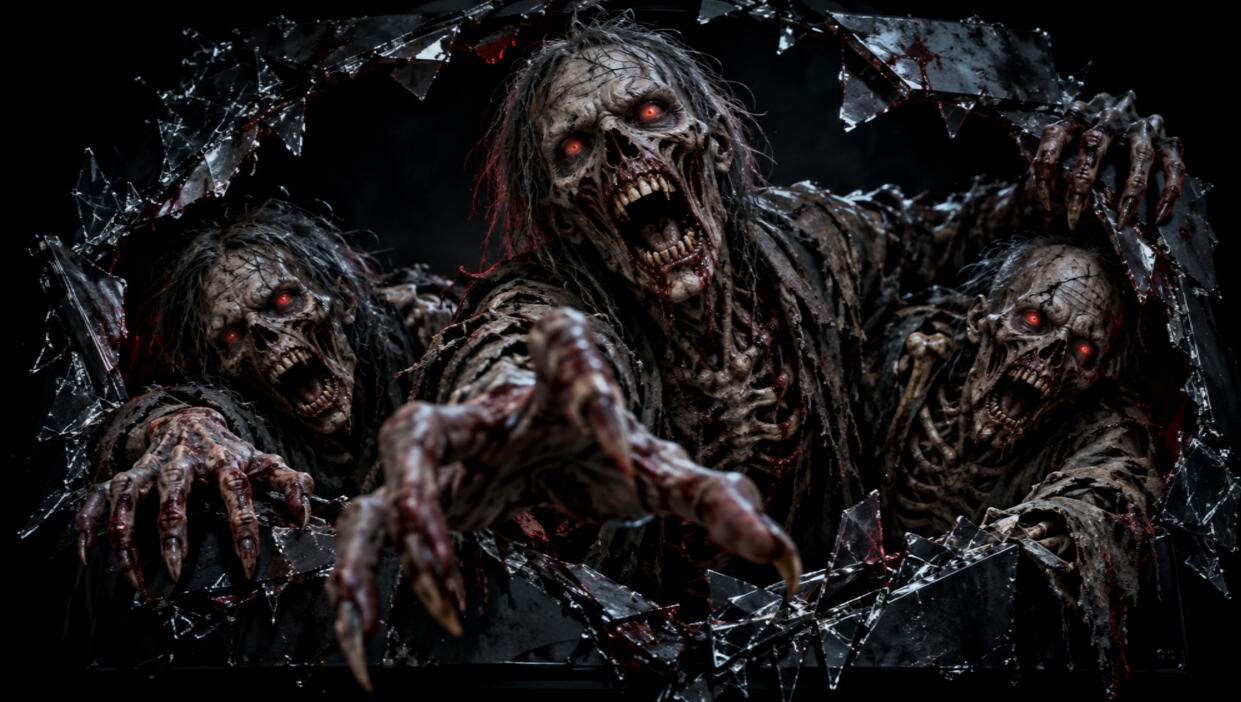 BREACH — Free Windows screensaver A zombie horror scene breaking through your screen.